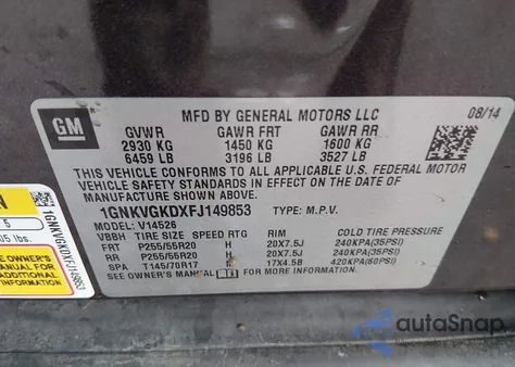 2015 Chevrolet Traverse 1Lt z USA, uszkodzony, nr VIN 1GNKVGKDXFJ149853